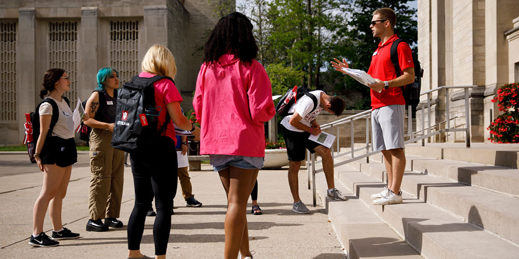 Prospective students on a tour with a tour guide at Indiana University Bloomington