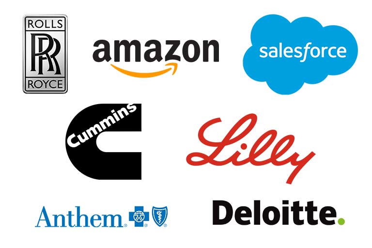 A set of company logos including Rolls Royce, Amazon, Salesforce, Lilly, Anthem, and Deloitte.