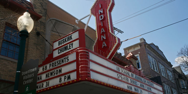 A close up of the marquee at the Buskirk Chumley Theater.