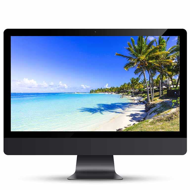 A computer display with an image of a tropical beach
