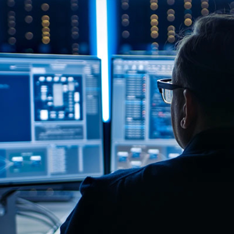Man with glasses looking at two computers with blurred lights in background.